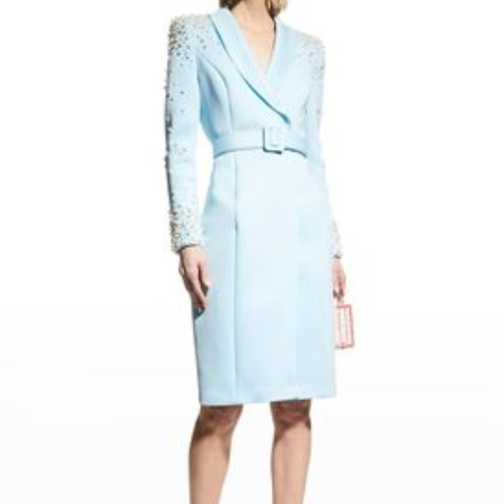 Badgley Mischka Embellished Scuba Coat Dress in Light Blue NWT Retail $495